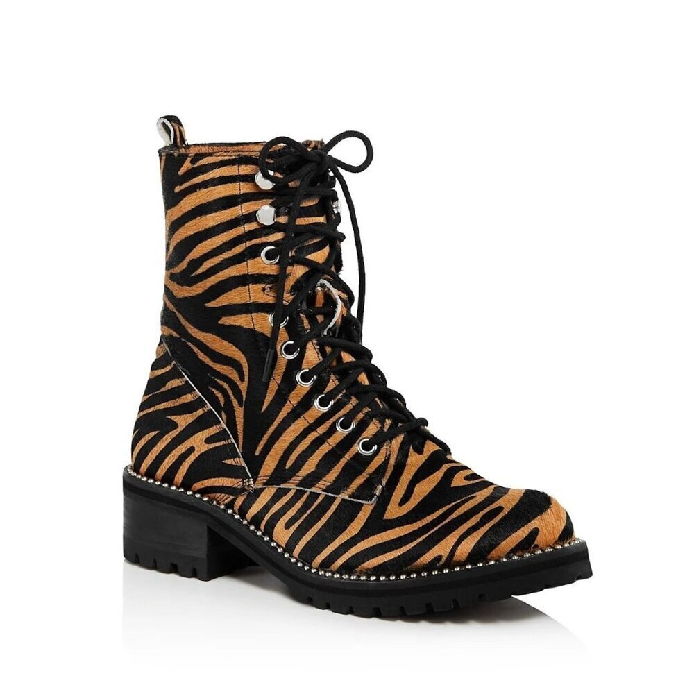 Aqua Womens Jax Studded Tiger Print Calf Hair Combat Boots Size 9 Beige AN EXC